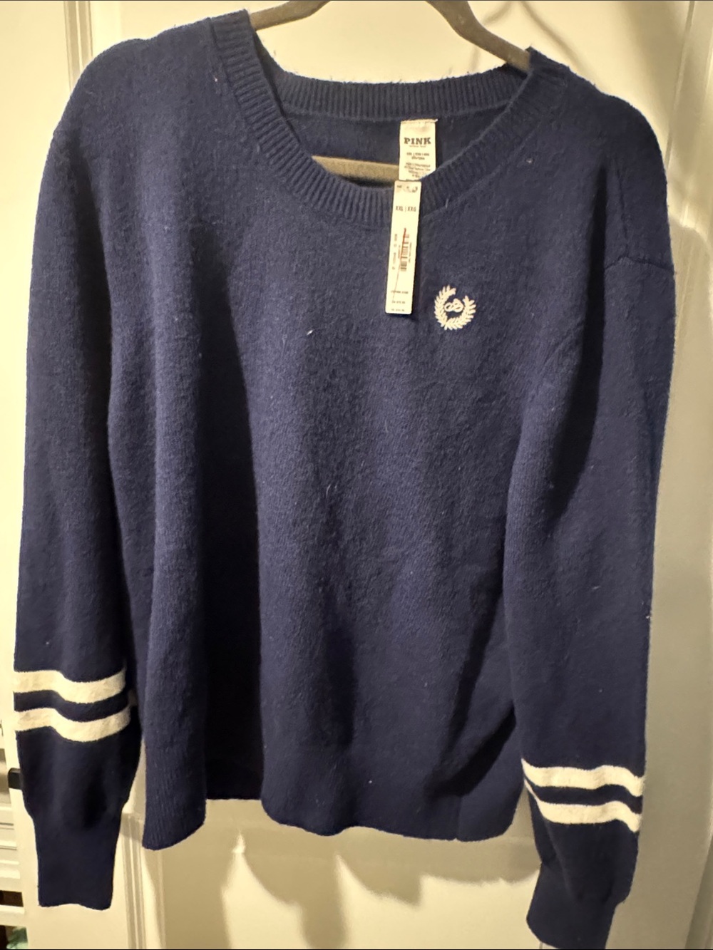 PINK Victoria's Secret Women’sNavy Crewneck Sweater with White Stripe Cuffs XXL